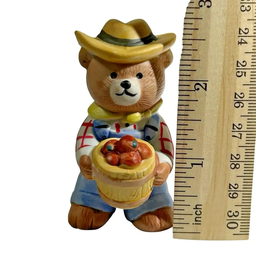 Vintage BC Bronson Teddy Bear Figurine Porcelain Bisque‎ Farmer Apples Basket